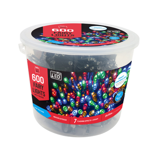 Fairy Lights LED Flashing Multicoloured Tub with Timer 600 Lights