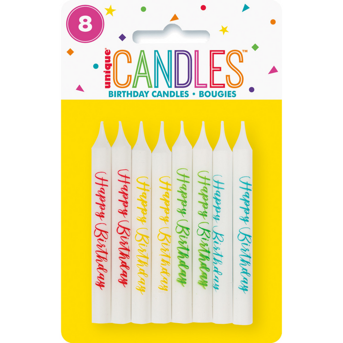 8 Happy Birthday Print Candles - Multi