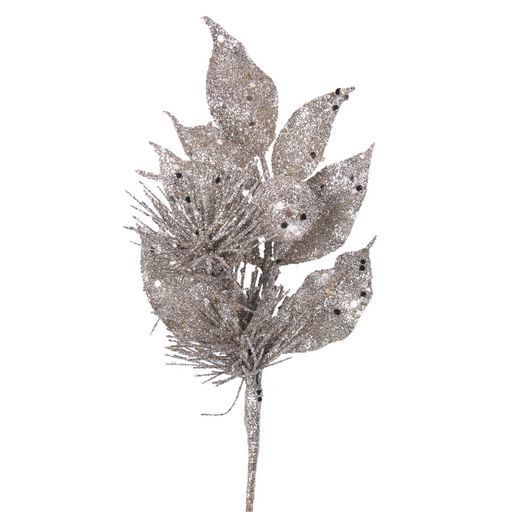 Champagne Glitter Floral Leaf Stem 30cm