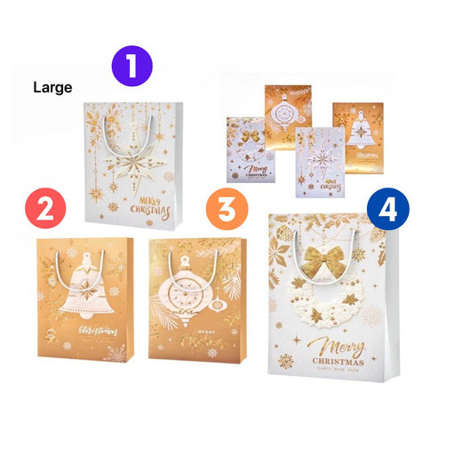 RONIS CHRISTMAS GIFT BAG 3D GOLDEN WHITE FOIL LARGE 4 ASSTD