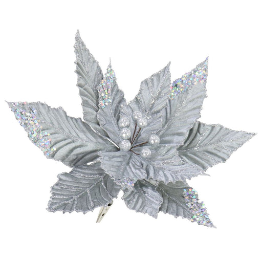 Ronis Clip Poinsettia Velvet Sequin 30cm Silver