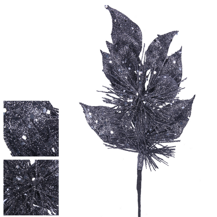 Iron Grey Glitter Floral Leaf Stem 30cm