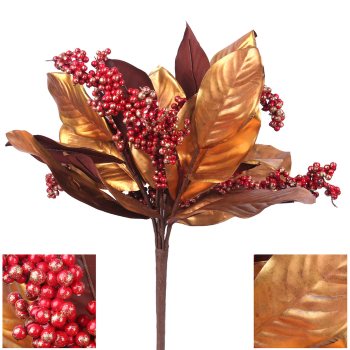 Ronis Magnolia Bunch with Red Berries 52cm Gold